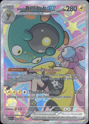 Iono's Bellibolt ex, cert CLBR-0000235: top border much wider than the bottom, 61/39 on the front, centering scored 8