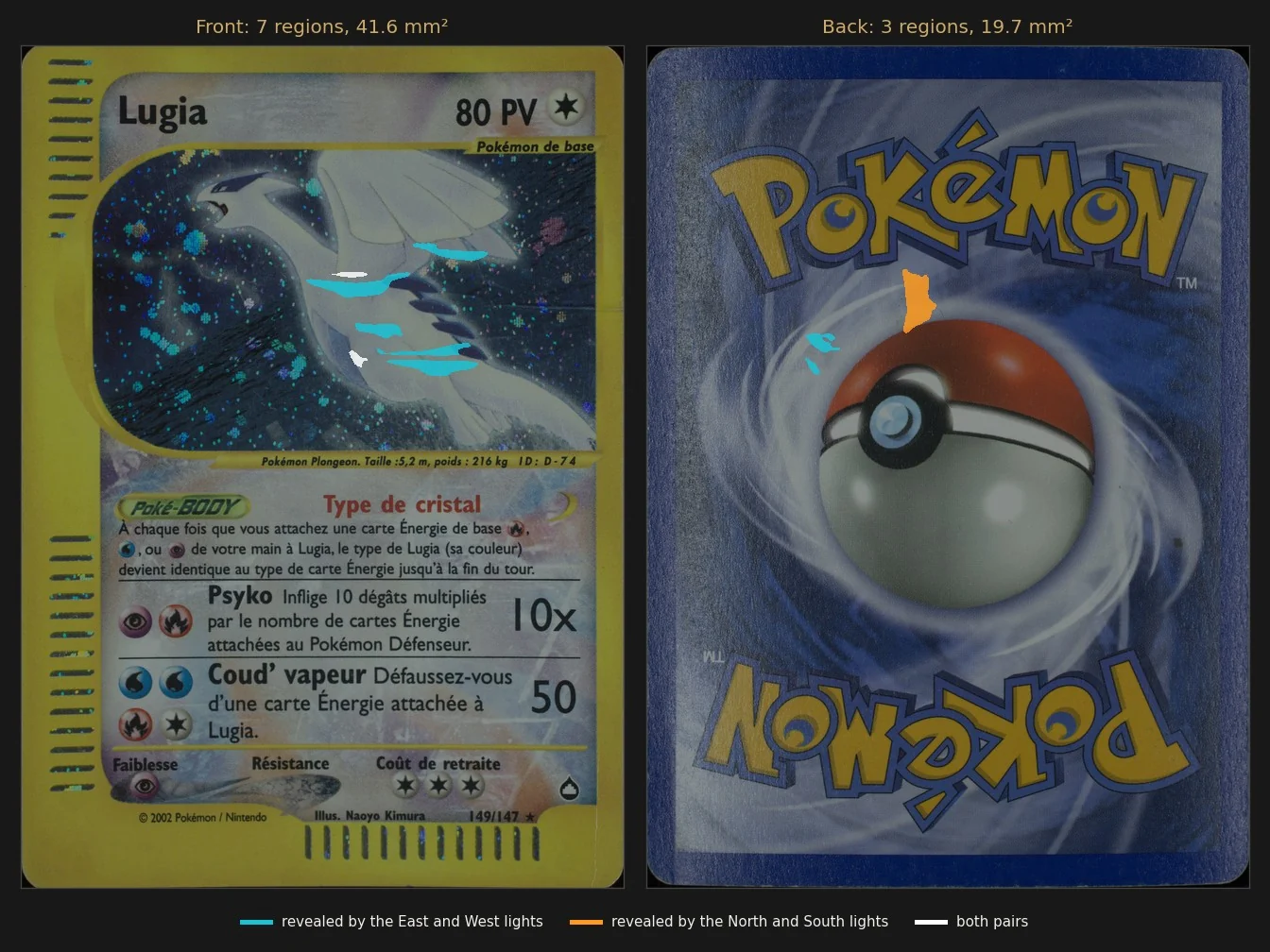 The Crystal Lugia front and back with each damaged region coloured by the pair of lights that revealed it